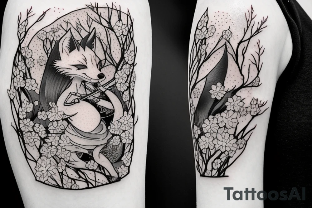 Anime style fox girl, holding katana, surrounded by sakura trees, close up shot, upper arm tattoo tattoo idea