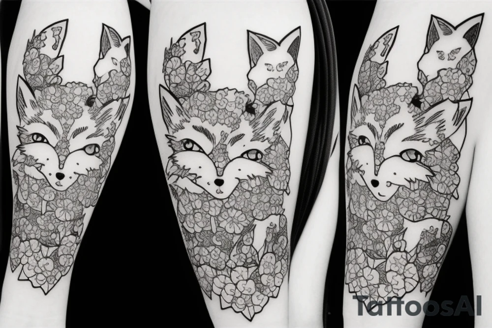 Anime style fox girl, holding katana, surrounded by sakura trees, close up shot, upper arm tattoo tattoo idea