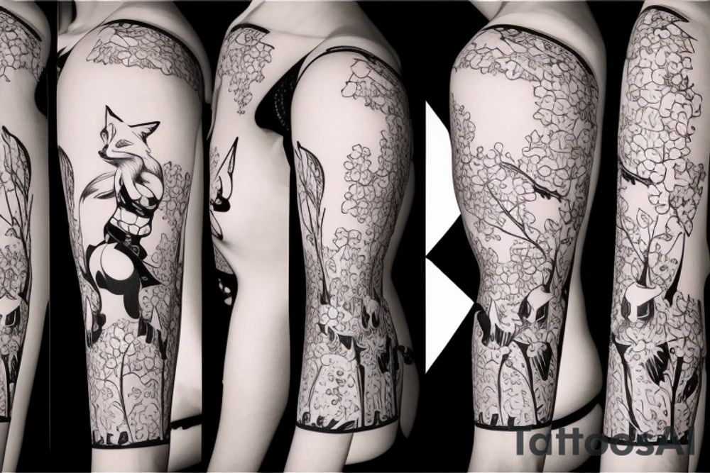 Anime style fox girl, holding katana, surrounded by sakura trees, close up shot, upper arm tattoo tattoo idea
