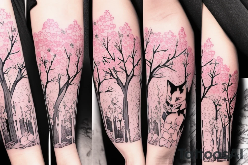 Anime style fox girl, holding katana, surrounded by sakura trees, close up shot, upper arm tattoo tattoo idea