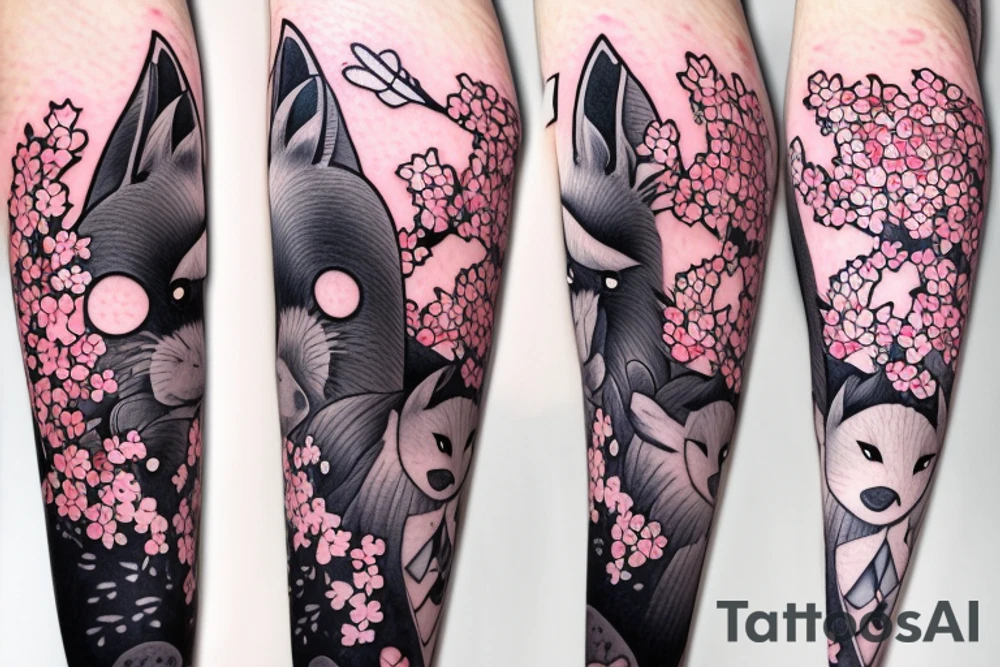 Anime style fox girl, holding katana, surrounded by sakura trees, close up shot, upper arm tattoo tattoo idea