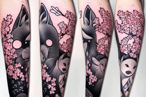 Anime style fox girl, holding katana, surrounded by sakura trees, close up shot, upper arm tattoo tattoo idea