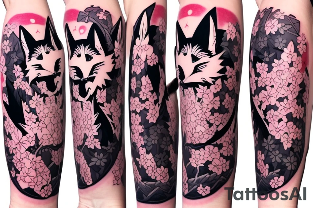 Anime style fox girl, holding katana, surrounded by sakura trees, close up shot, upper arm tattoo tattoo idea