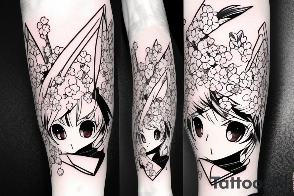 Anime style kemonomimi, holding katana, surrounded by sakura trees, close up shot, upper arm tattoo tattoo idea