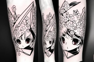 Anime style kemonomimi, holding katana, surrounded by sakura trees, close up shot, upper arm tattoo tattoo idea