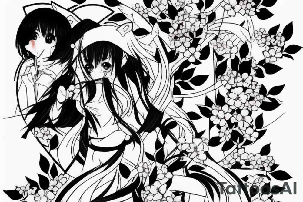 Anime style kemonomimi, holding katana, surrounded by sakura trees, close up shot, upper arm tattoo tattoo idea