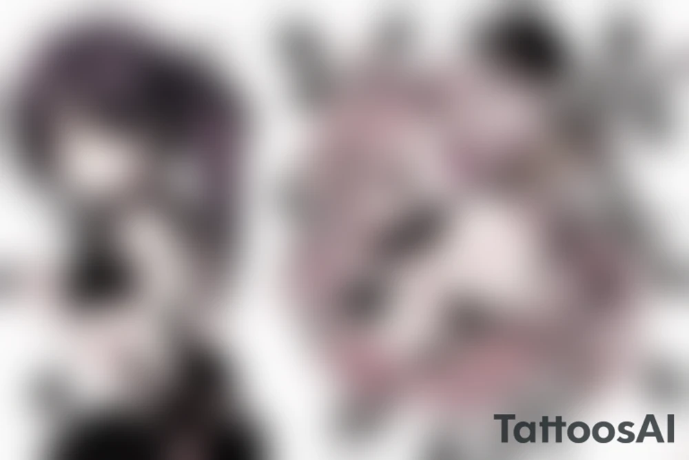 Anime style kemonomimi, holding katana, surrounded by sakura trees, close up shot, upper arm tattoo tattoo idea