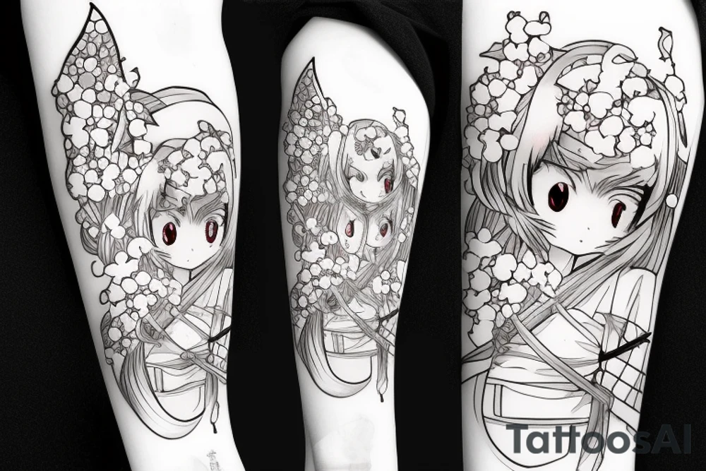 Anime style kemonomimi, holding katana, surrounded by sakura trees, close up shot, upper arm tattoo tattoo idea