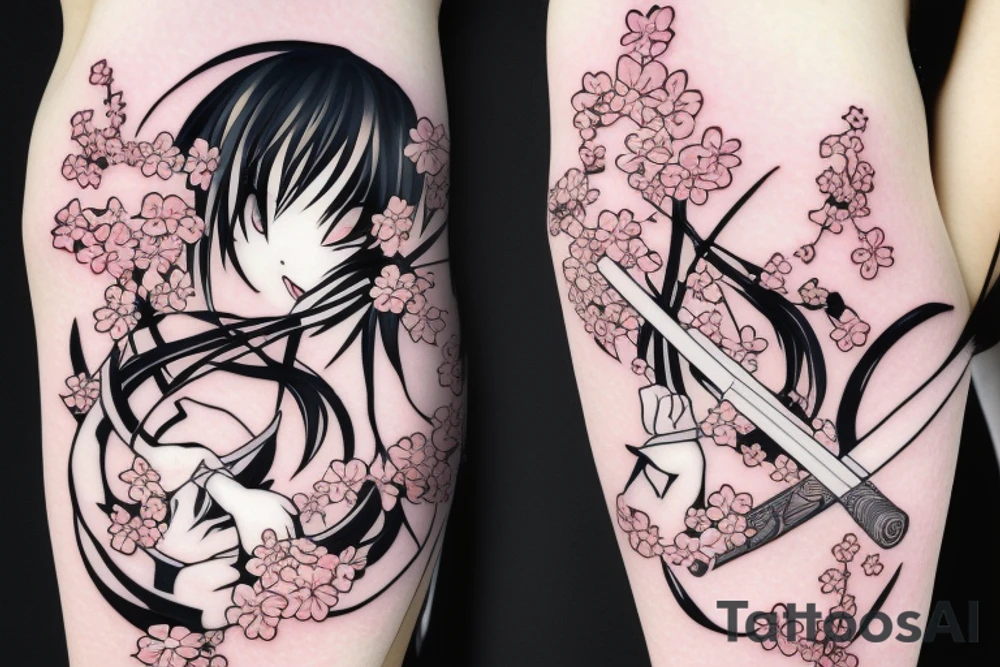 Anime style kemonomimi, holding katana, surrounded by sakura trees, close up shot, upper arm tattoo tattoo idea