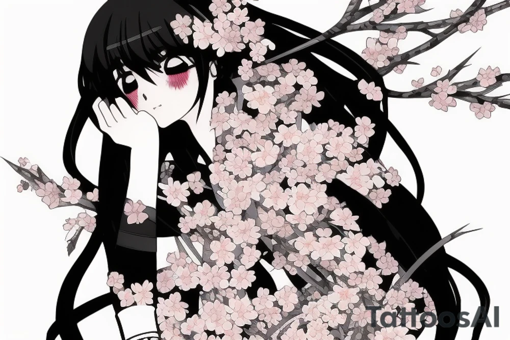 Anime style kemonomimi, holding katana, surrounded by sakura trees, close up shot, upper arm tattoo tattoo idea