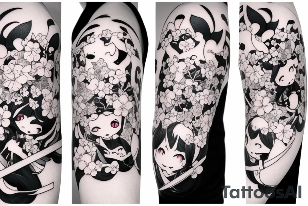 Anime style kemonomimi, holding katana, surrounded by sakura trees, close up shot, upper arm tattoo tattoo idea