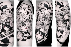 Anime style kemonomimi, holding katana, surrounded by sakura trees, close up shot, upper arm tattoo tattoo idea