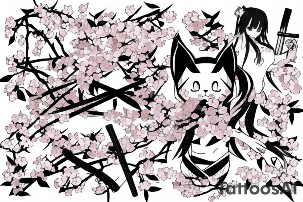 Anime style kemonomimi, holding katana, surrounded by sakura trees, close up shot, upper arm tattoo tattoo idea