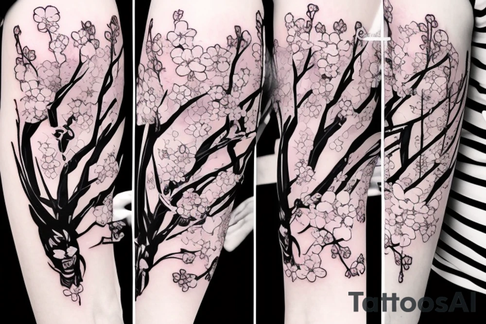 Anime style kemonomimi, holding katana, surrounded by sakura trees, close up shot, upper arm tattoo tattoo idea