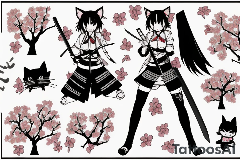 Anime style kemonomimi, holding katana, surrounded by sakura trees, close up shot, upper arm tattoo tattoo idea