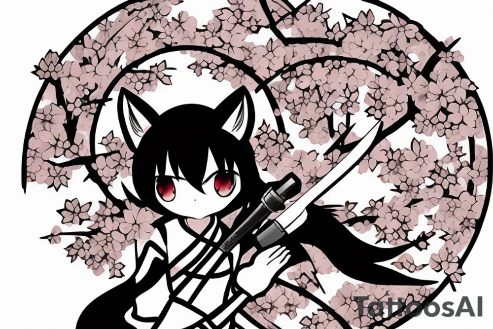 Anime style kemonomimi, holding katana, surrounded by sakura trees, close up shot, upper arm tattoo tattoo idea