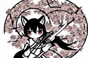 Anime style kemonomimi, holding katana, surrounded by sakura trees, close up shot, upper arm tattoo tattoo idea