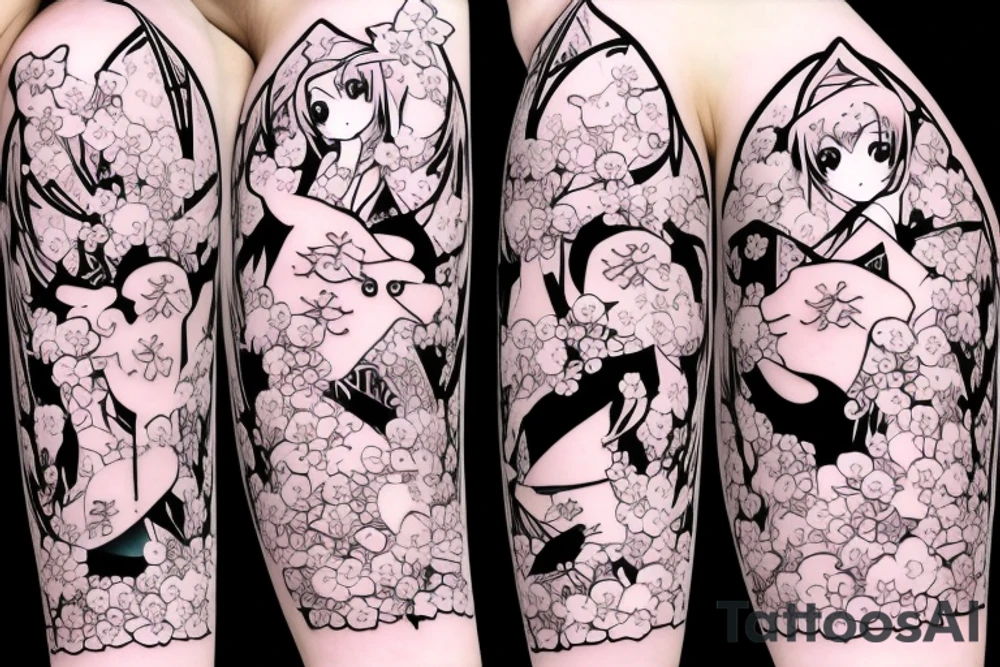 Anime style kemonomimi, holding katana, surrounded by sakura trees, close up shot, upper arm tattoo tattoo idea