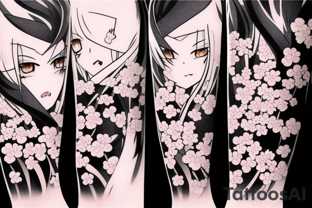 Anime style kemonomimi, holding katana, surrounded by sakura trees, close up shot, upper arm tattoo tattoo idea
