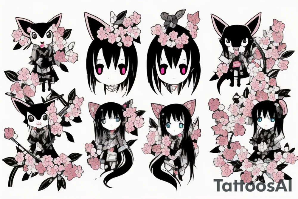 Anime style kemonomimi, holding katana, surrounded by sakura trees, close up shot, upper arm tattoo tattoo idea