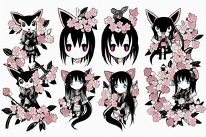 Anime style kemonomimi, holding katana, surrounded by sakura trees, close up shot, upper arm tattoo tattoo idea