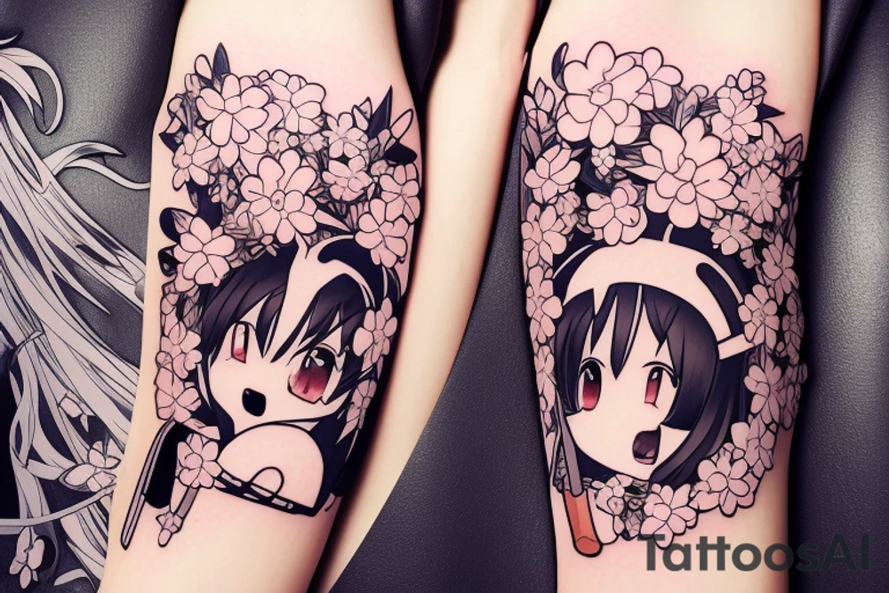 Anime style kemonomimi, holding katana, surrounded by sakura trees, close up shot, upper arm tattoo tattoo idea