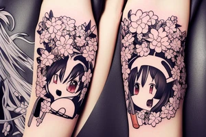 Anime style kemonomimi, holding katana, surrounded by sakura trees, close up shot, upper arm tattoo tattoo idea