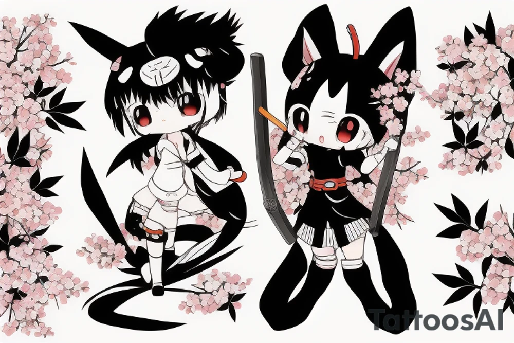 Anime style kemonomimi, holding katana, surrounded by sakura trees, close up shot, upper arm tattoo tattoo idea