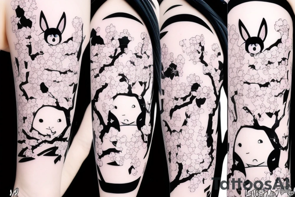 Anime style kemonomimi, holding katana, surrounded by sakura trees, close up shot, upper arm tattoo tattoo idea