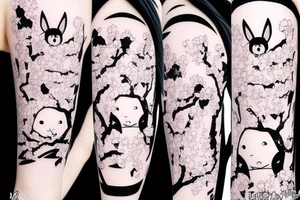 Anime style kemonomimi, holding katana, surrounded by sakura trees, close up shot, upper arm tattoo tattoo idea