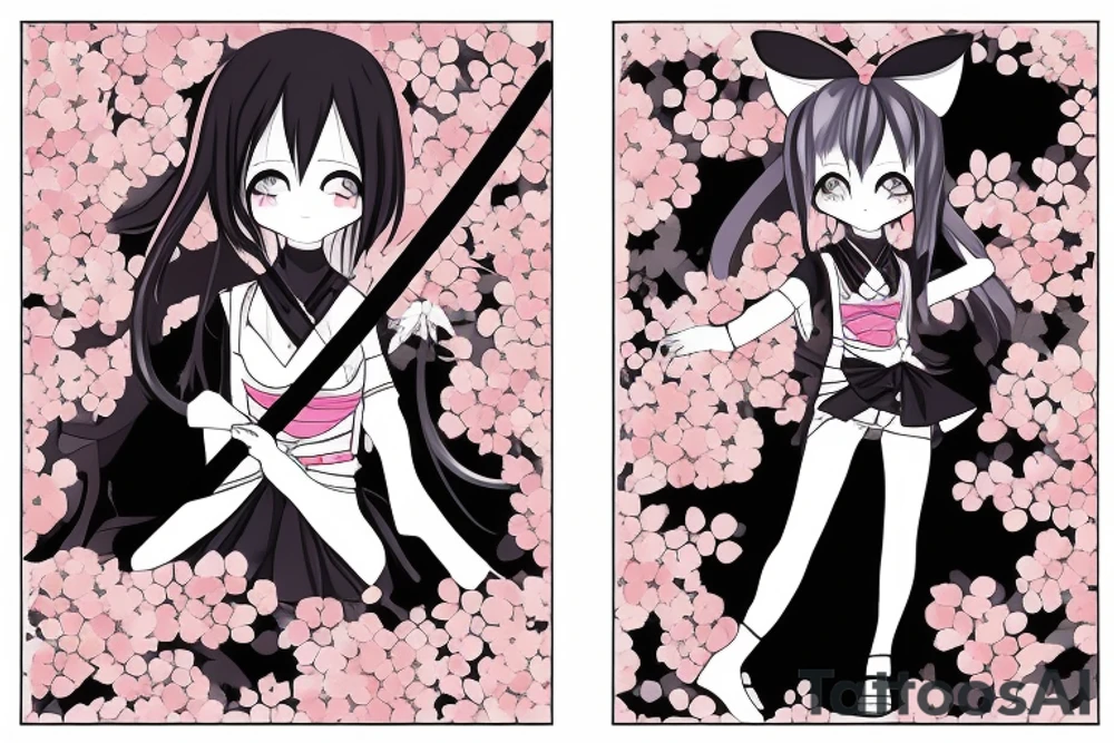 Anime style kemonomimi, holding katana, surrounded by sakura trees, close up shot, upper arm tattoo tattoo idea