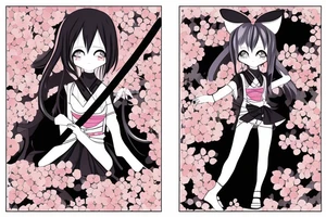 Anime style kemonomimi, holding katana, surrounded by sakura trees, close up shot, upper arm tattoo tattoo idea