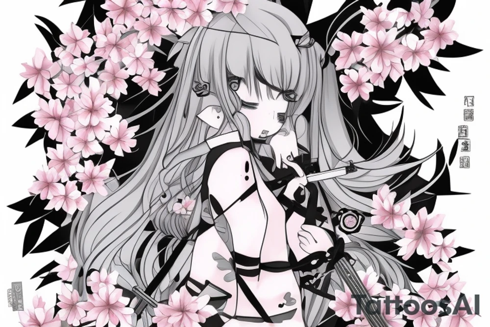 Anime style kemonomimi, holding katana, surrounded by sakura trees, close up shot, upper arm tattoo tattoo idea