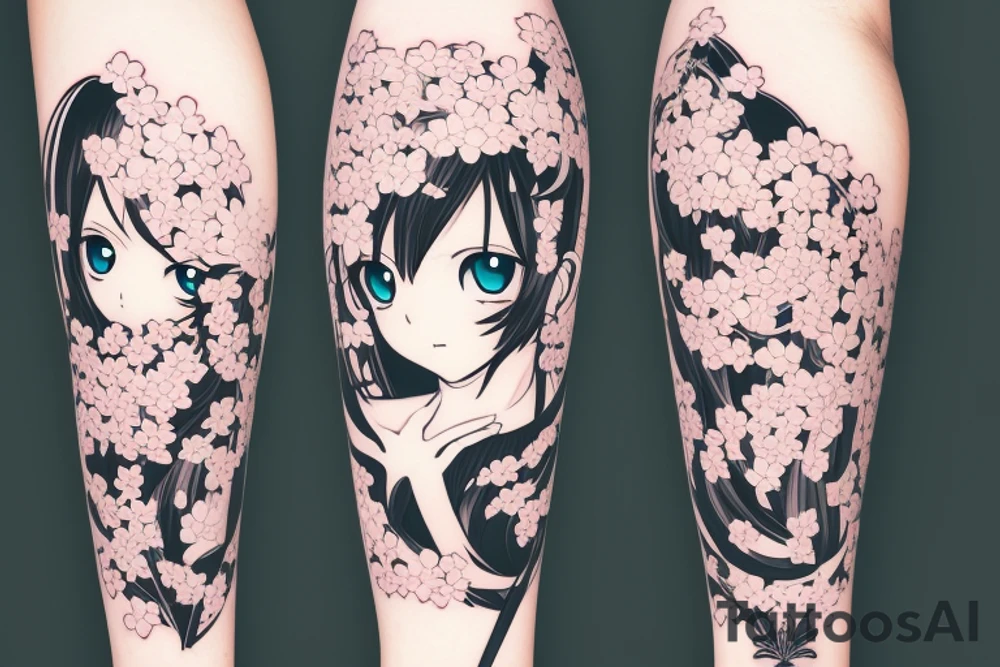 Anime style kemonomimi, holding katana, surrounded by sakura trees, close up shot, upper arm tattoo tattoo idea