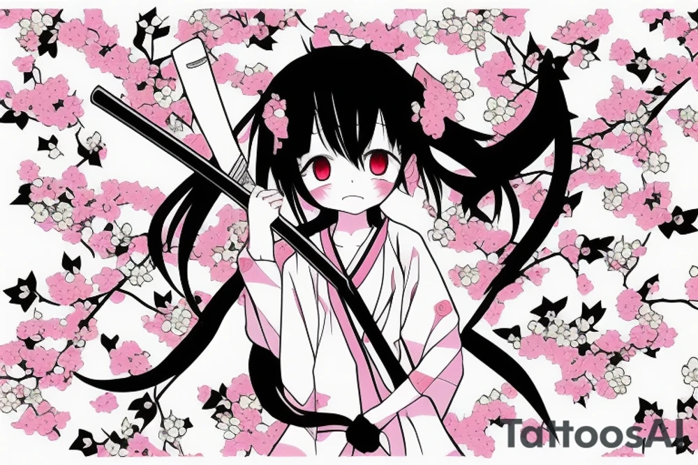 Anime style kemonomimi, holding katana, surrounded by sakura trees, close up shot, upper arm tattoo tattoo idea