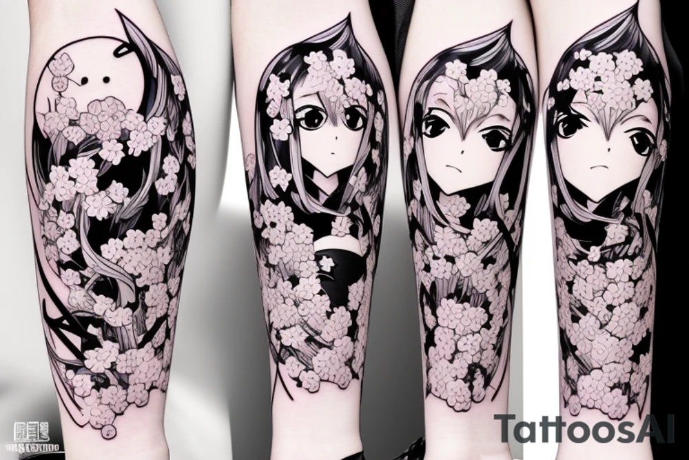 Anime style kemonomimi, holding katana, surrounded by sakura trees, close up shot, upper arm tattoo tattoo idea