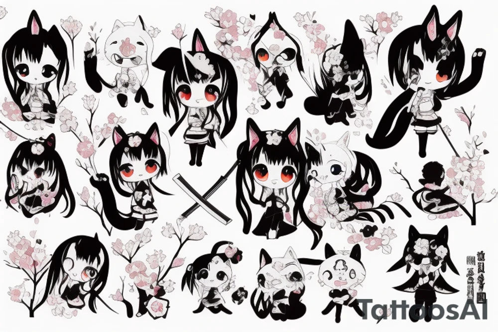 Anime style kemonomimi, holding katana, surrounded by sakura trees, close up shot, upper arm tattoo tattoo idea