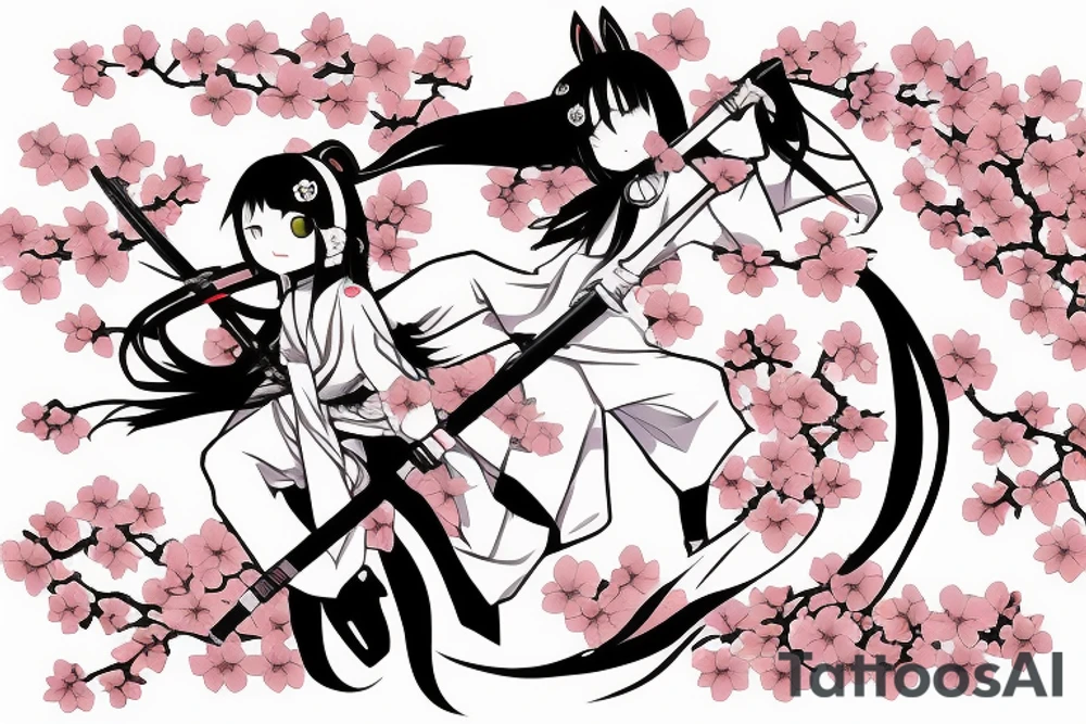 Anime style kemonomimi, holding katana, surrounded by sakura trees, close up shot, upper arm tattoo tattoo idea