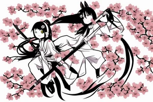 Anime style kemonomimi, holding katana, surrounded by sakura trees, close up shot, upper arm tattoo tattoo idea