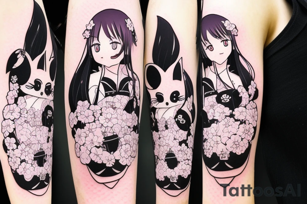 Anime style kemonomimi, holding katana, surrounded by sakura trees, close up shot, upper arm tattoo tattoo idea