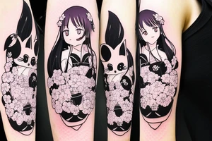 Anime style kemonomimi, holding katana, surrounded by sakura trees, close up shot, upper arm tattoo tattoo idea