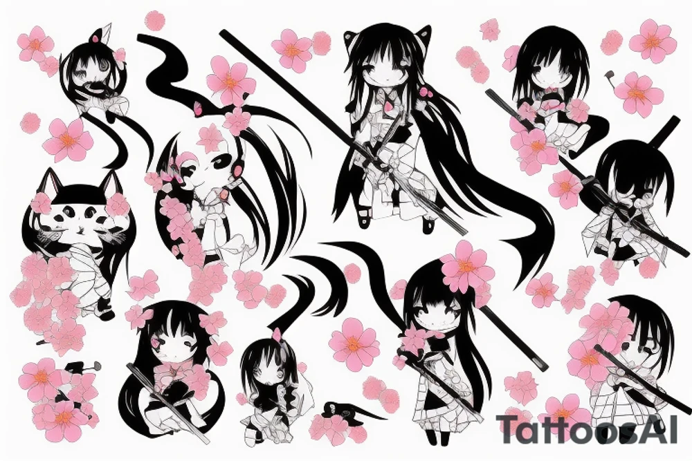 Anime style kemonomimi, holding katana, surrounded by sakura trees, close up shot, upper arm tattoo tattoo idea