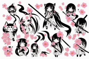 Anime style kemonomimi, holding katana, surrounded by sakura trees, close up shot, upper arm tattoo tattoo idea