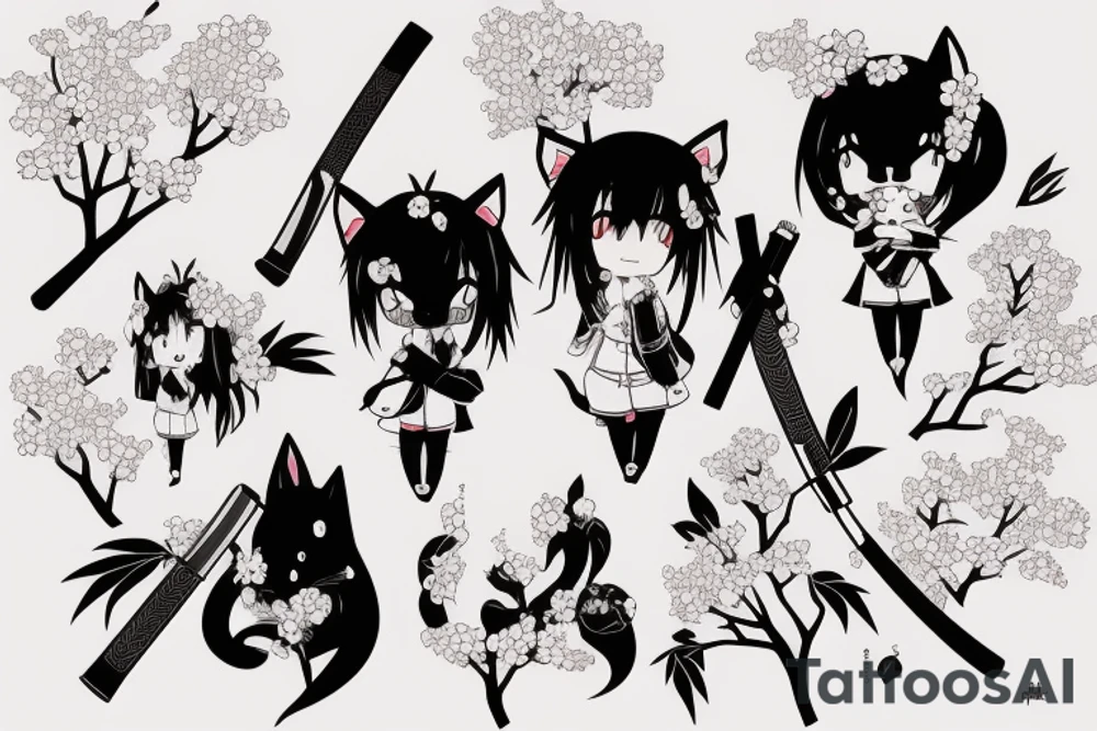 Anime style kemonomimi, holding katana, surrounded by sakura trees, close up shot, upper arm tattoo tattoo idea