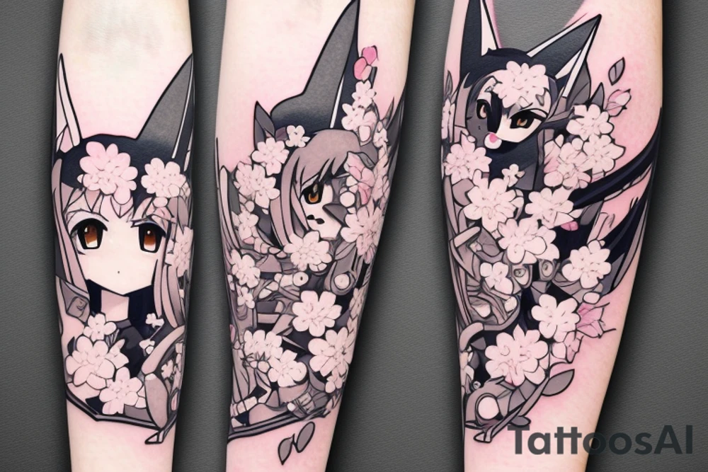 Anime style kemonomimi, holding katana, surrounded by sakura trees, close up shot, upper arm tattoo tattoo idea