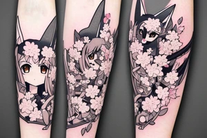 Anime style kemonomimi, holding katana, surrounded by sakura trees, close up shot, upper arm tattoo tattoo idea