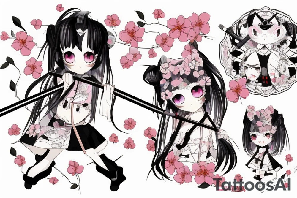 Anime style kemonomimi, holding katana, surrounded by sakura trees, close up shot, upper arm tattoo tattoo idea