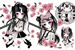 Anime style kemonomimi, holding katana, surrounded by sakura trees, close up shot, upper arm tattoo tattoo idea