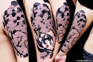 Anime style kemonomimi, holding katana, surrounded by sakura trees, close up shot, upper arm tattoo tattoo idea