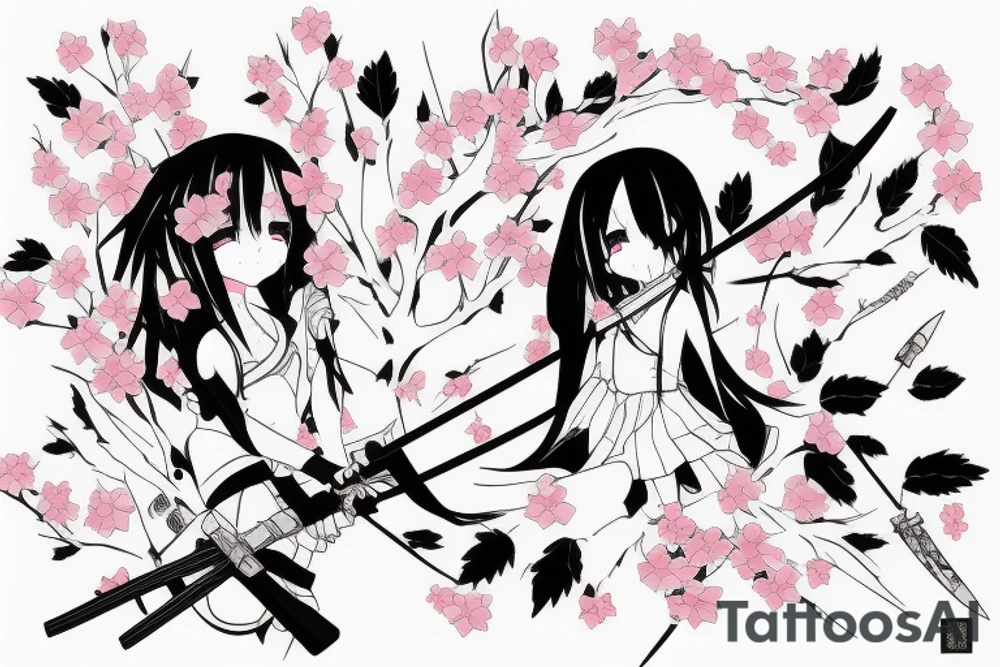 Anime style kemonomimi, holding katana, surrounded by sakura trees, close up shot, upper arm tattoo tattoo idea